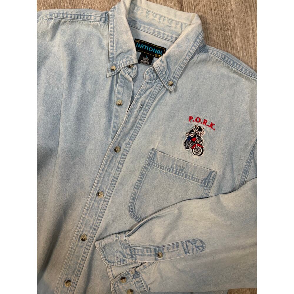 Vintage 90's Denim Shirt Embroidered Pig Biker Hog Logo‎ Large Casual Harley